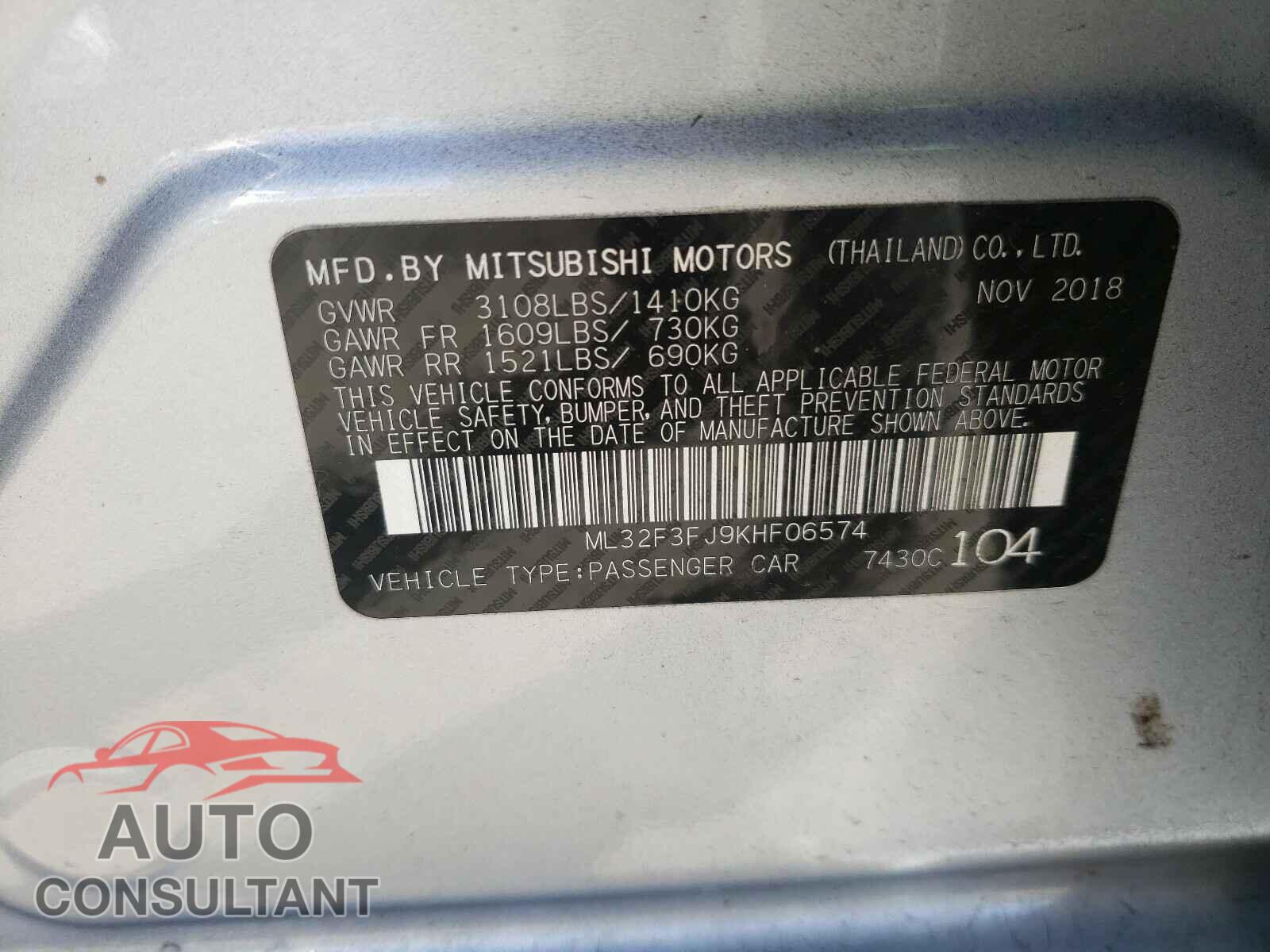 MITSUBISHI MIRAGE 2019 - ML32F3FJ9KHF06574