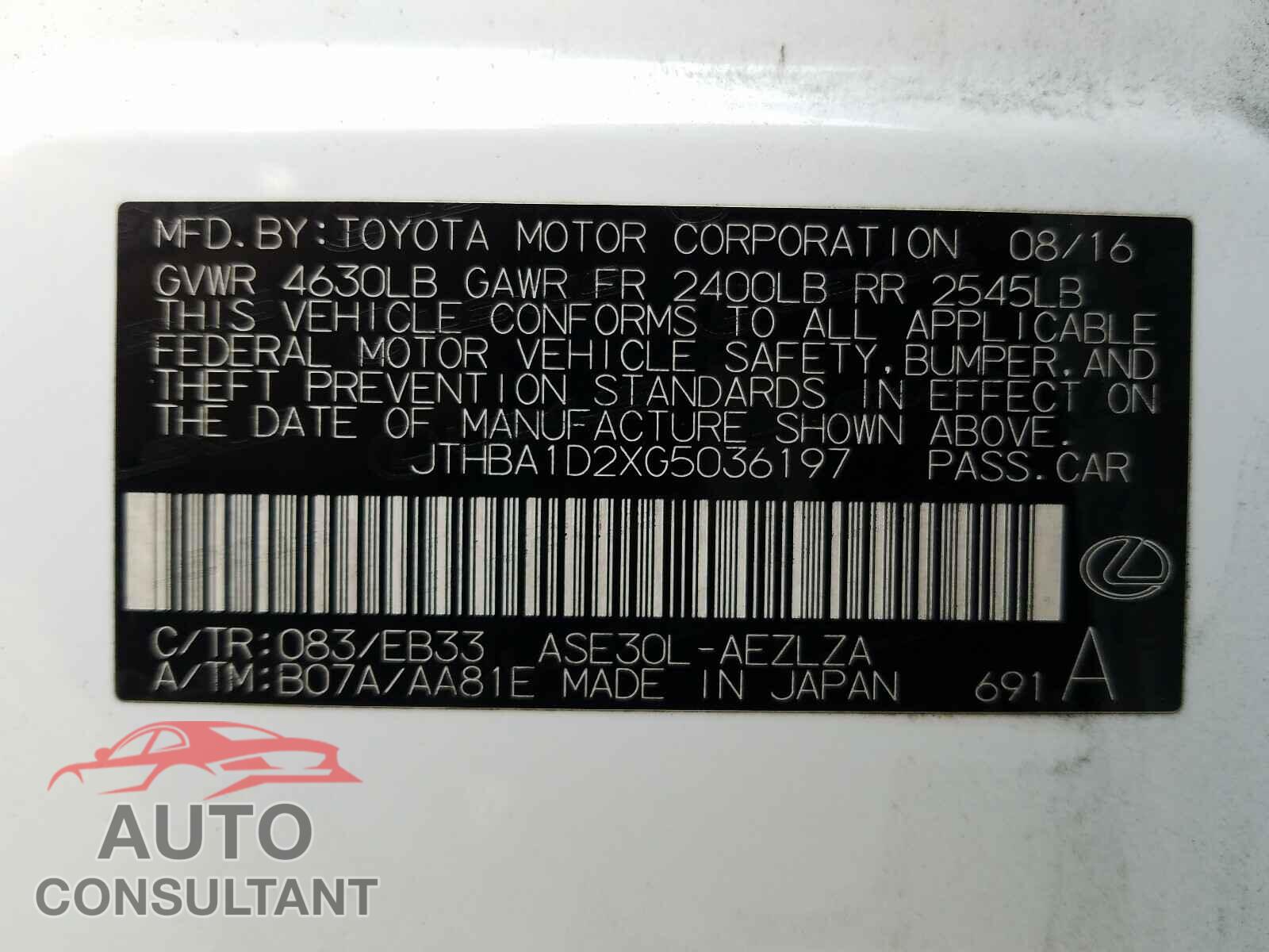 LEXUS IS 2016 - JTHBA1D2XG5036197
