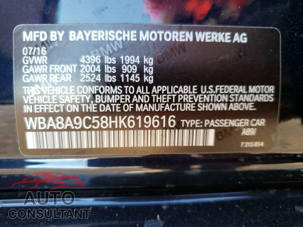 BMW 3 SERIES 2017 - WBA8A9C58HK619616