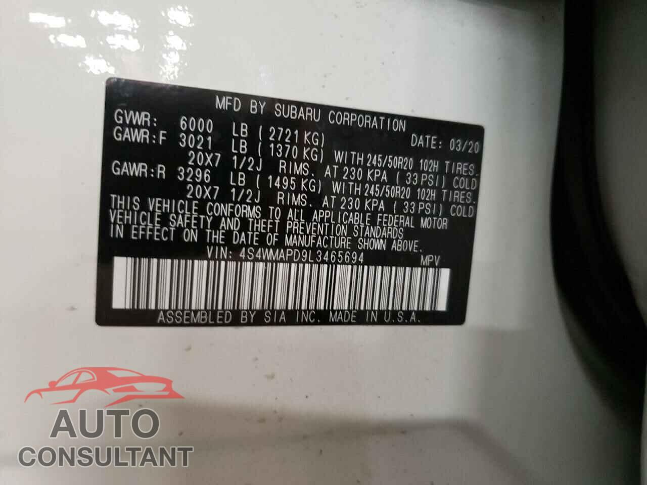 SUBARU ASCENT 2020 - 4S4WMAPD9L3465694