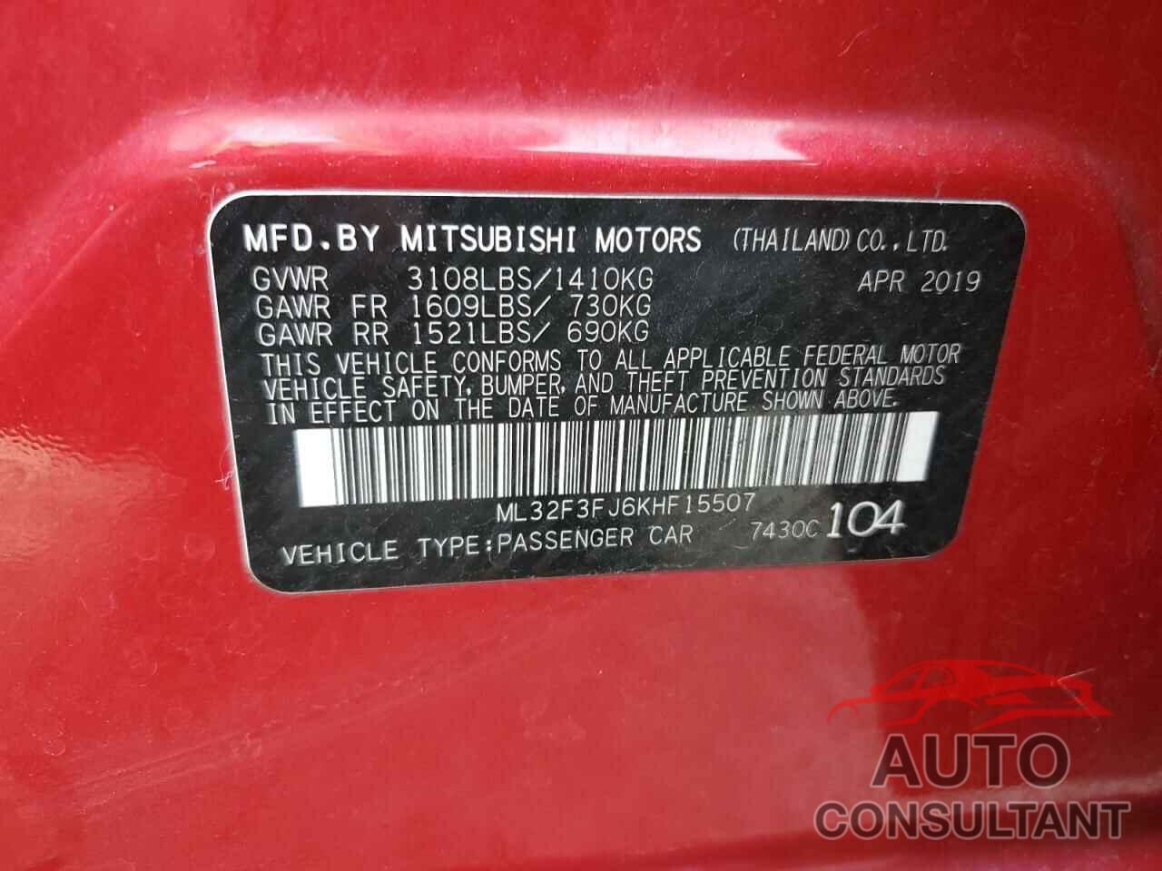 MITSUBISHI MIRAGE 2019 - ML32F3FJ6KHF15507