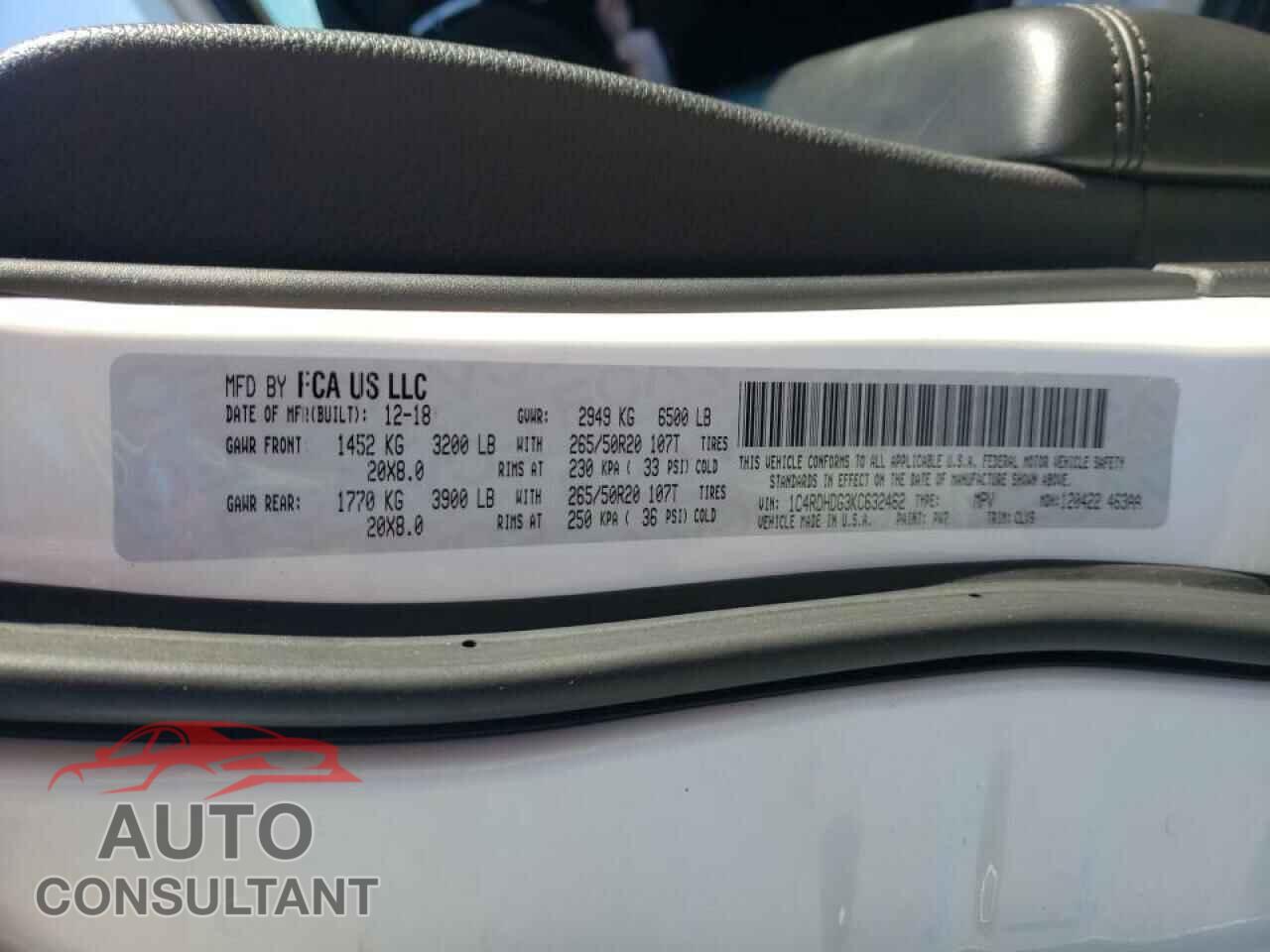 DODGE DURANGO 2019 - 1C4RDHDG3KC632462