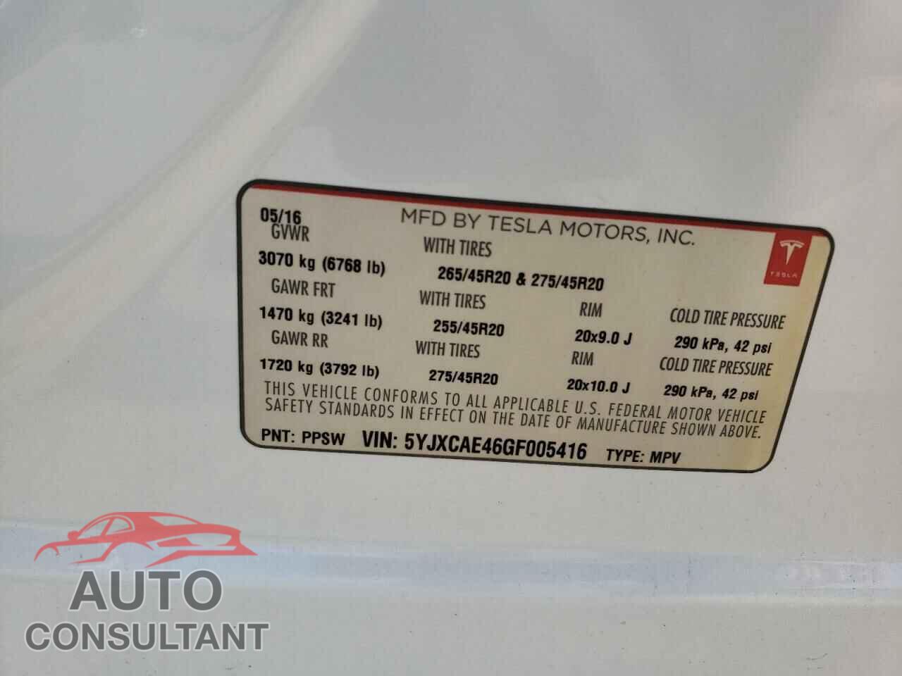 TESLA MODEL X 2016 - 5YJXCAE46GF005416