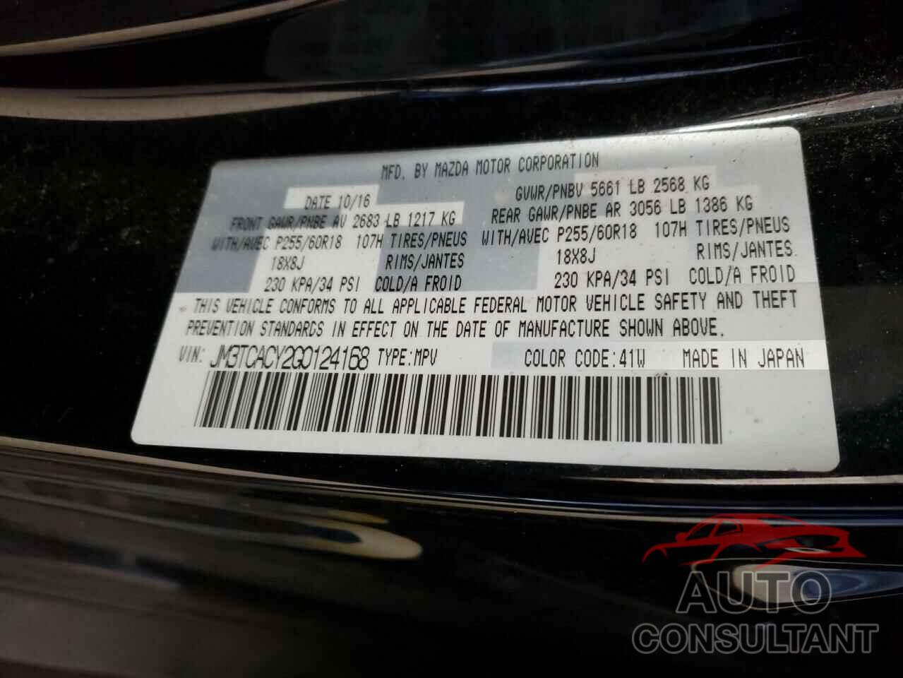 MAZDA CX-9 2016 - JM3TCACY2G0124168