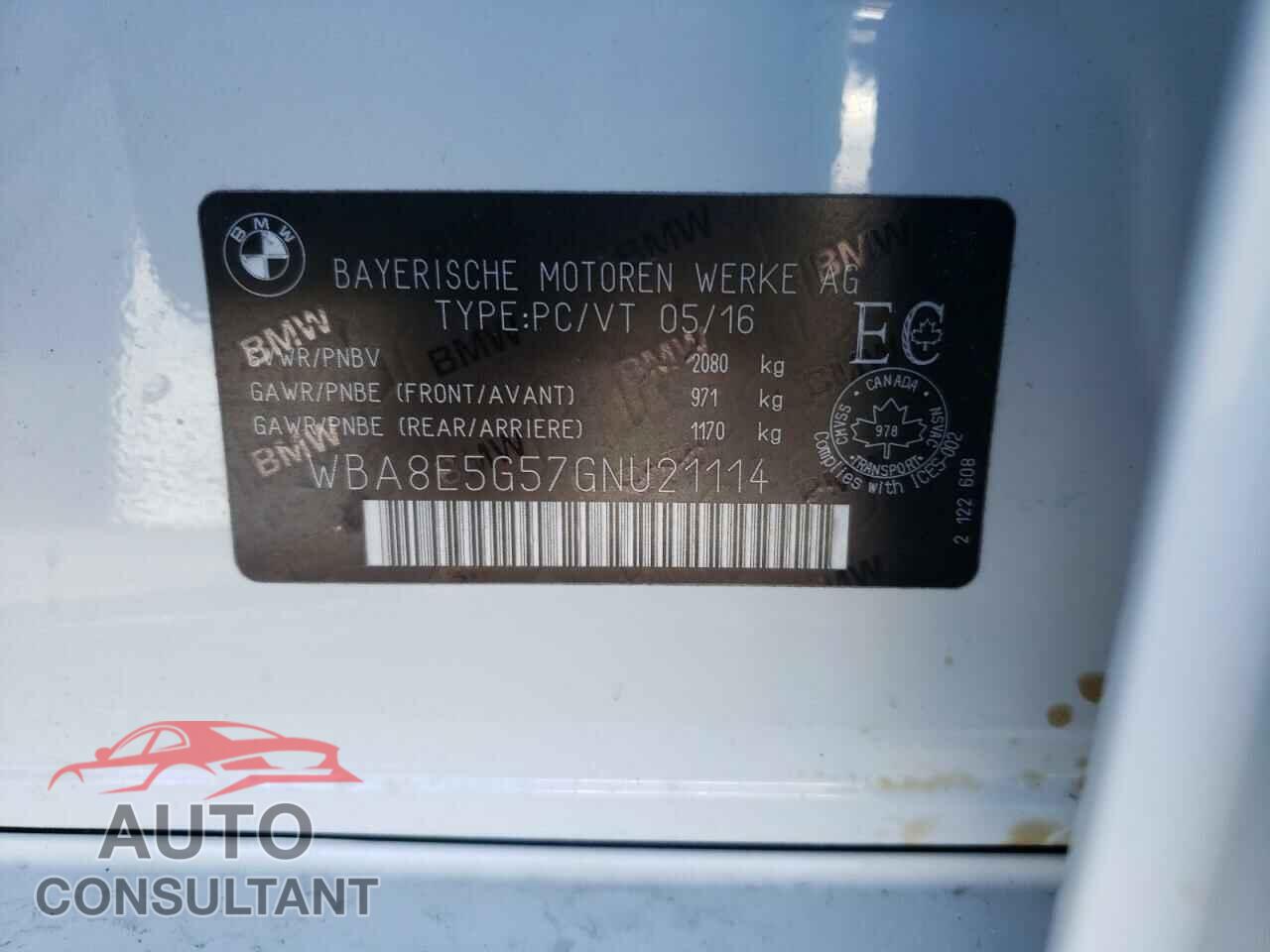 BMW 3 SERIES 2016 - WBA8E5G57GNU21114