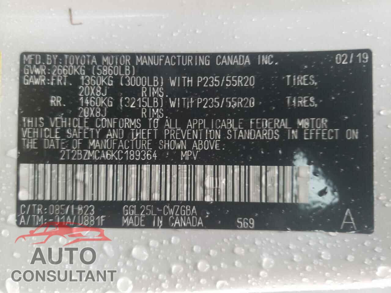 LEXUS RX350 2019 - 2T2BZMCA6KC189364