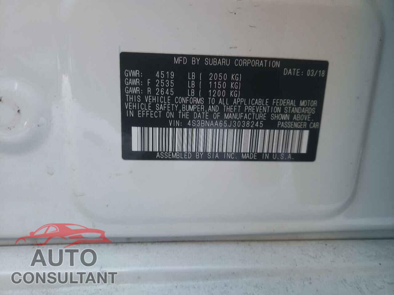 SUBARU LEGACY 2018 - 4S3BNAA65J3038245