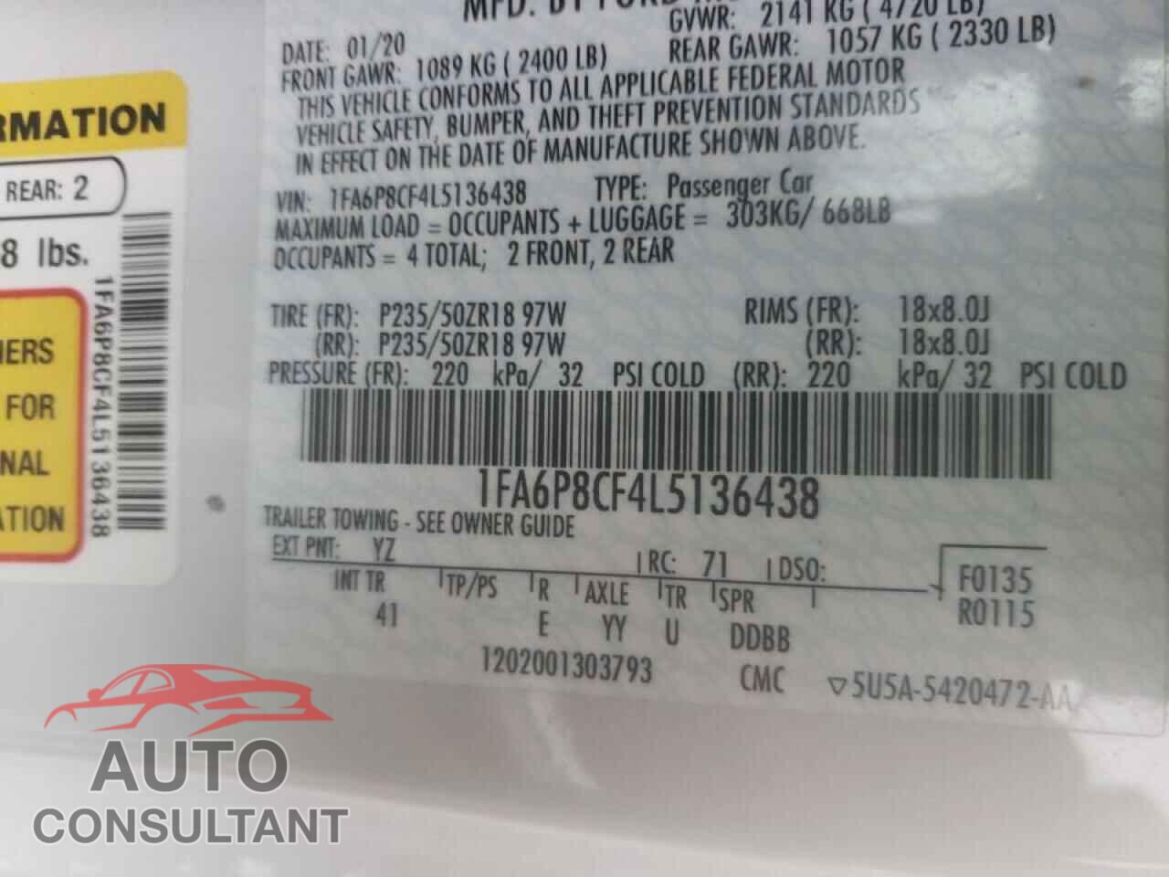 FORD MUSTANG 2020 - 1FA6P8CF4L5136438