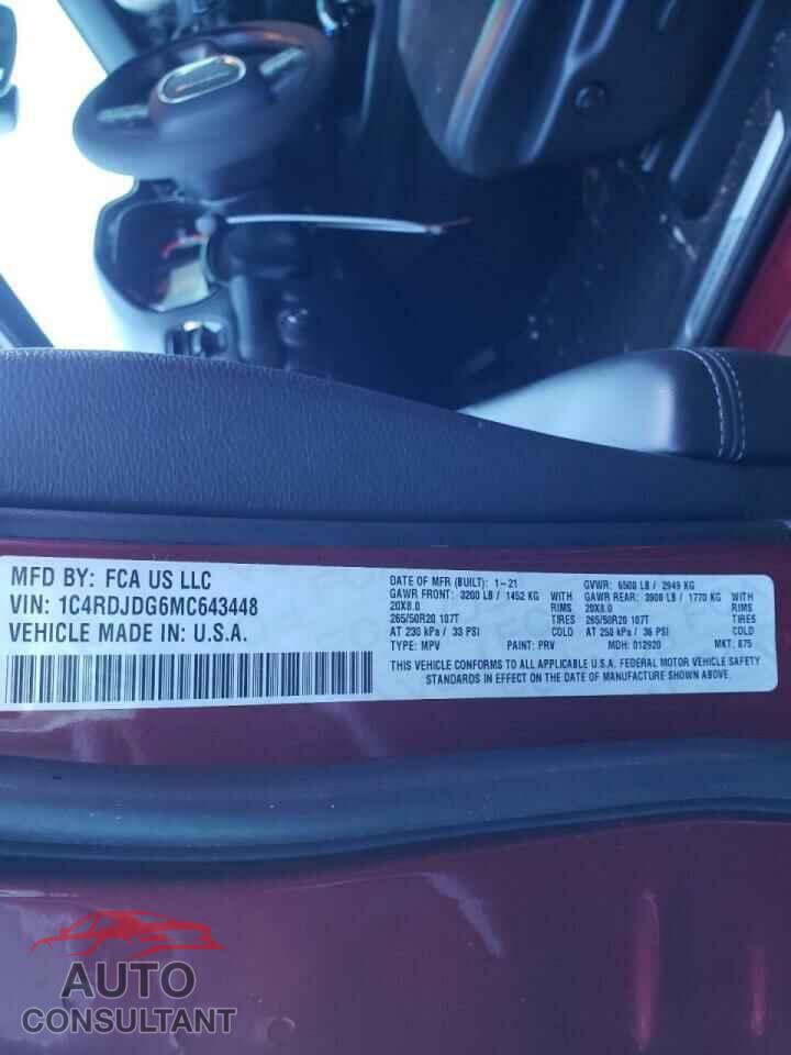 DODGE DURANGO 2021 - 1C4RDJDG6MC643448