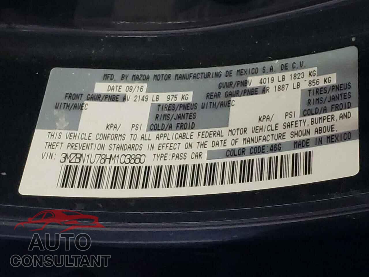 MAZDA 3 2017 - 3MZBN1U78HM103860