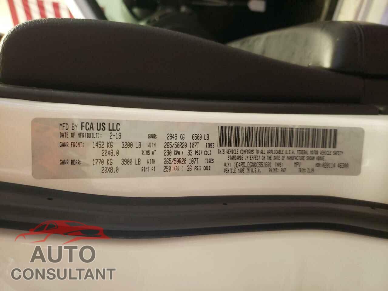 DODGE DURANGO 2019 - 1C4RDJDGXKC651601