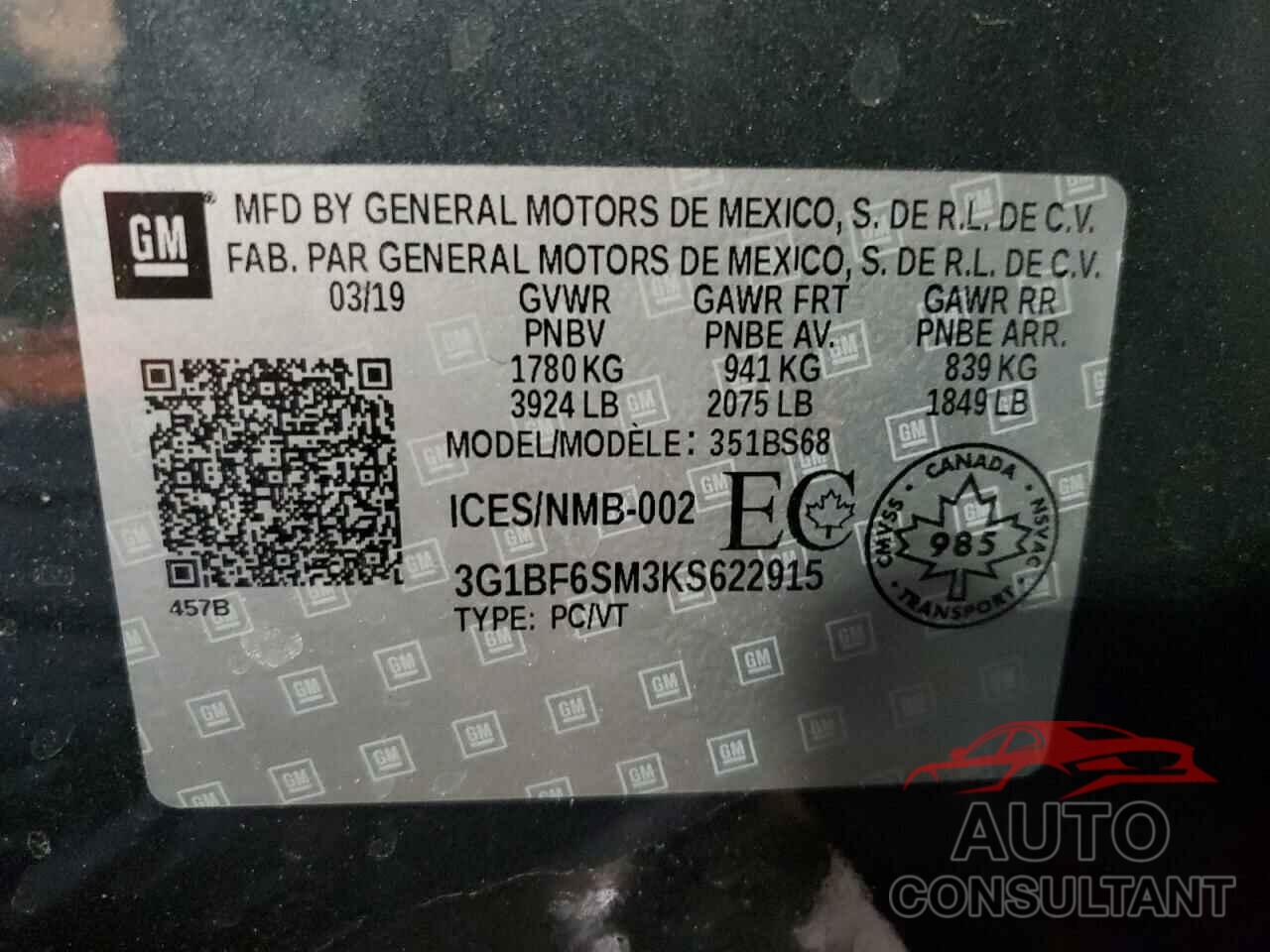 CHEVROLET CRUZE 2019 - 3G1BF6SM3KS622915