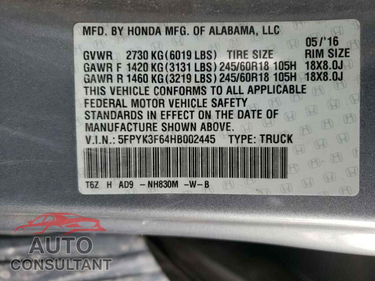 HONDA RIDGELINE 2017 - 5FPYK3F64HB002445
