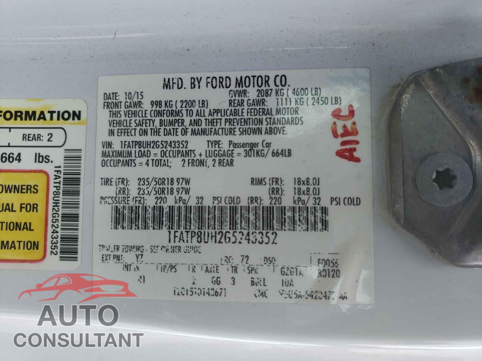 FORD MUSTANG 2016 - 1FATP8UH2G5243352