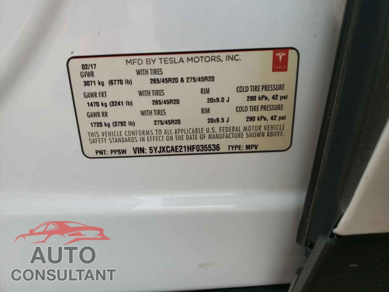 TESLA MODEL X 2017 - 5YJXCAE21HF035536