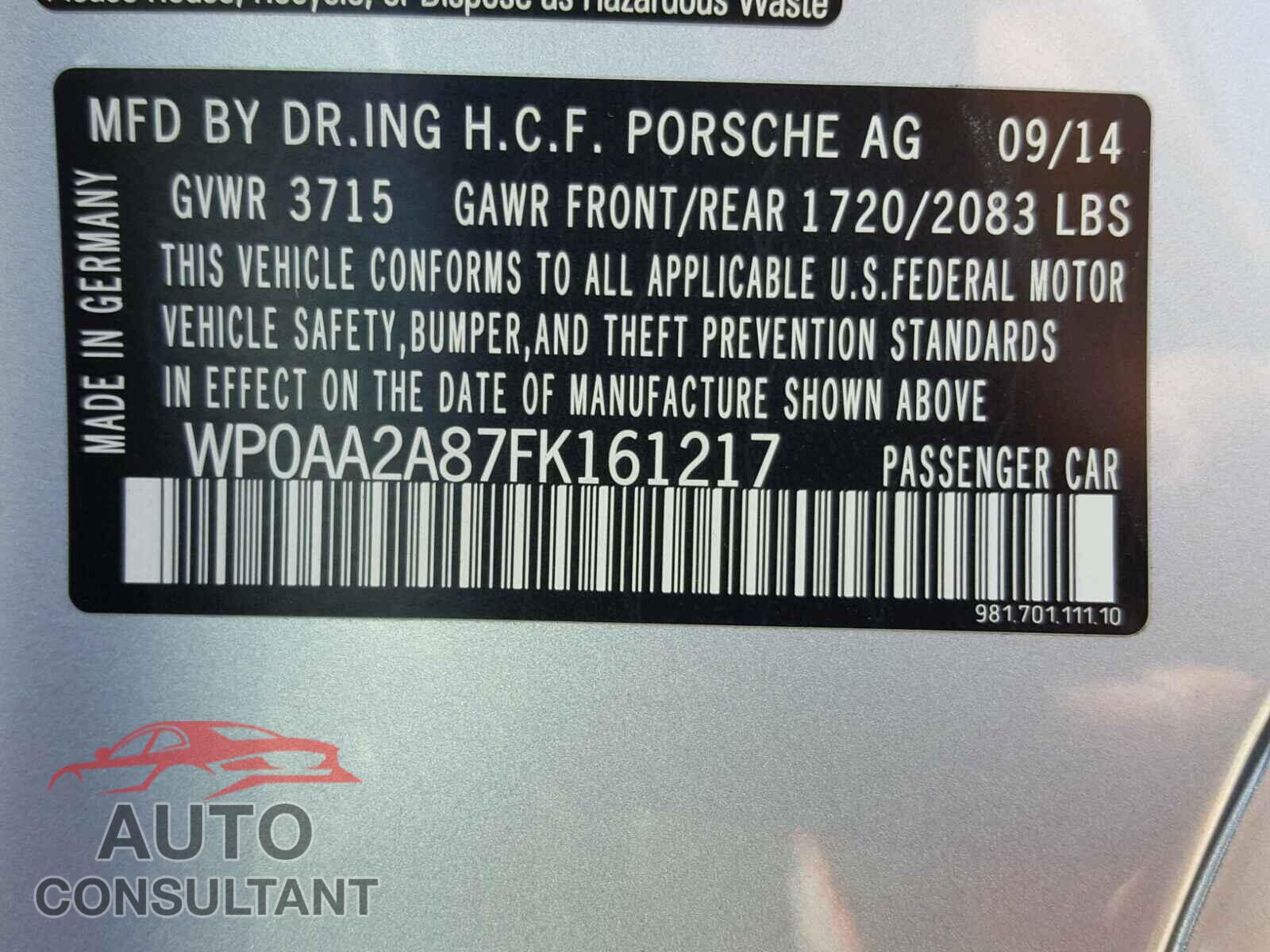 PORSCHE CAYMAN 2015 - WP0AA2A87FK161217