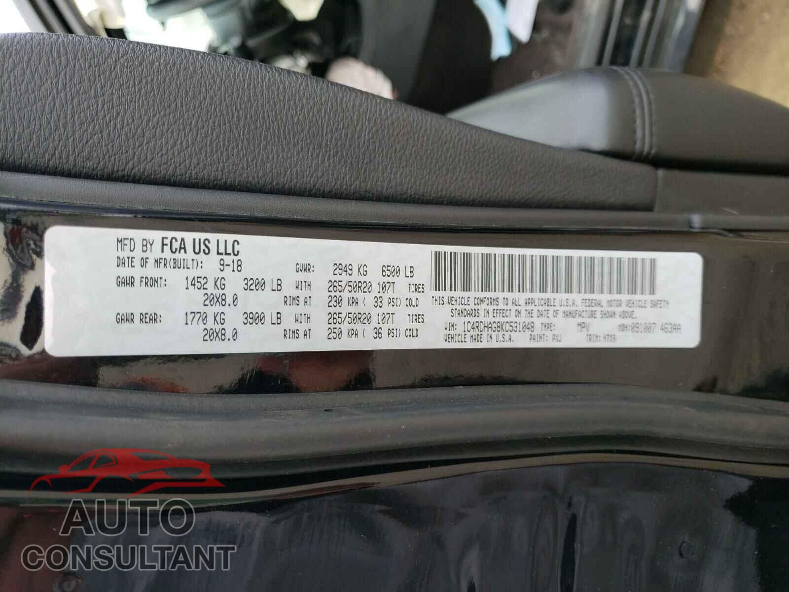 DODGE DURANGO 2019 - 1C4RDHAG8KC531048