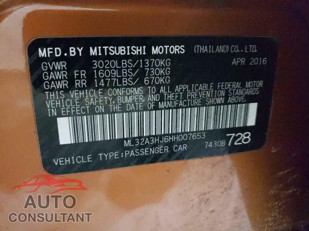 MITSUBISHI MIRAGE 2017 - ML32A3HJ6HH007653
