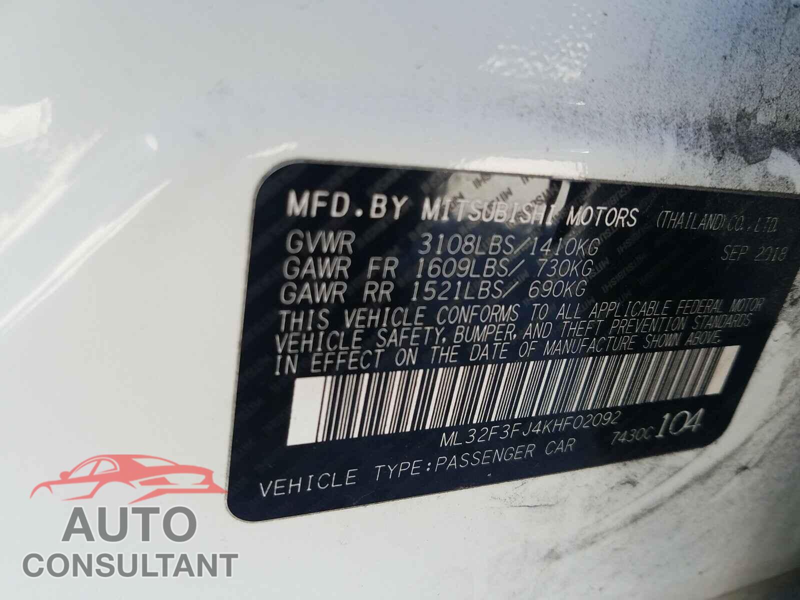 MITSUBISHI MIRAGE 2019 - ML32F3FJ4KHF02092