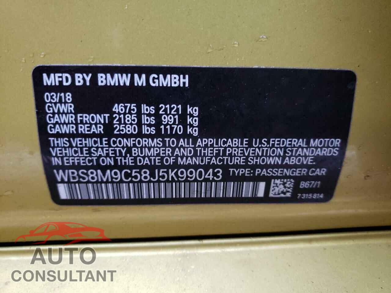 BMW M3 2018 - WBS8M9C58J5K99043