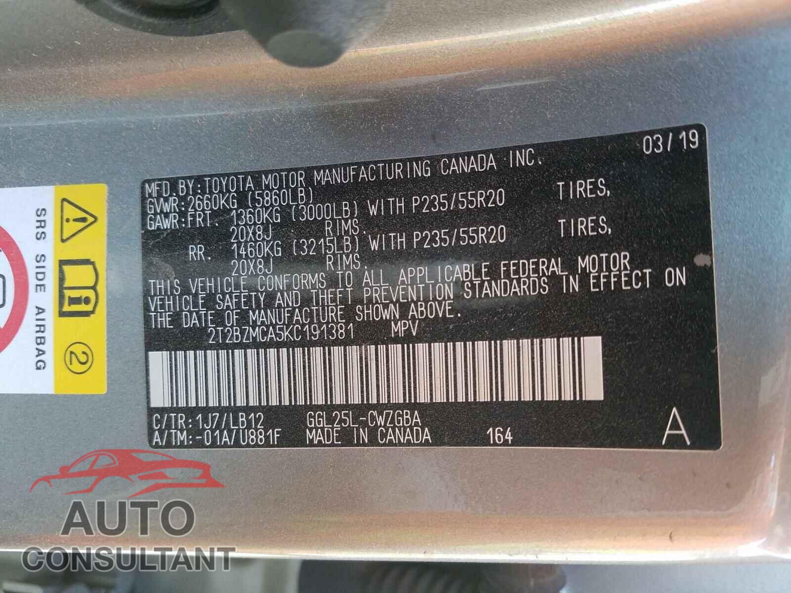 LEXUS RX350 2019 - 2T2BZMCA5KC191381