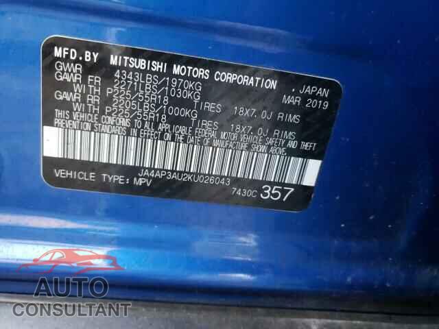 MITSUBISHI OUTLANDER 2019 - 3VV3B7AX3KM084134
