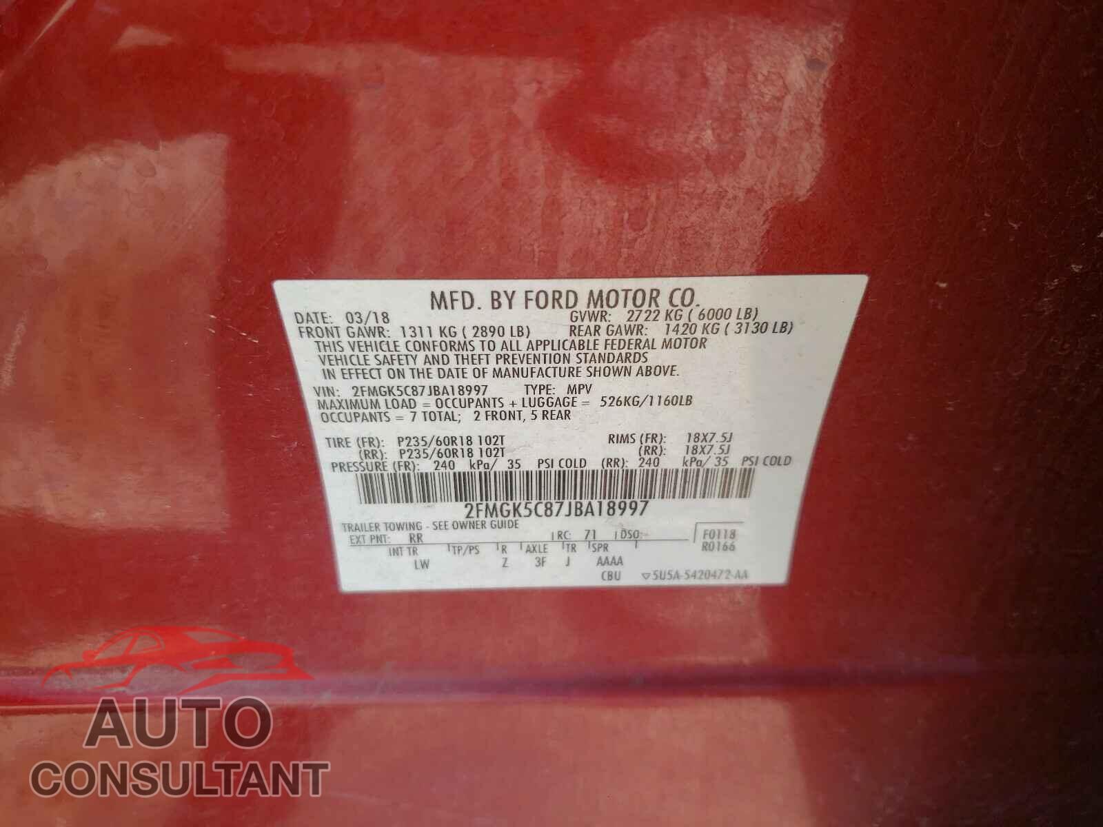 FORD FLEX 2018 - 2FMGK5C87JBA18997