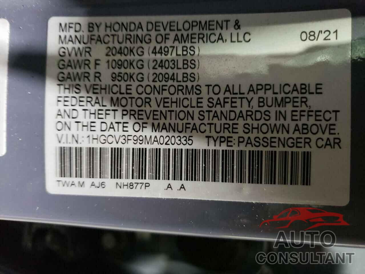 HONDA ACCORD 2021 - 1HGCV3F99MA020335