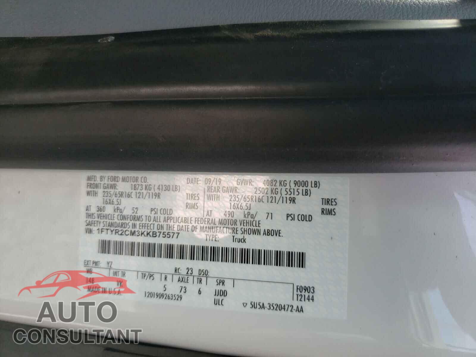 FORD TRANSIT CO 2019 - 1FTYR2CM3KKB75577