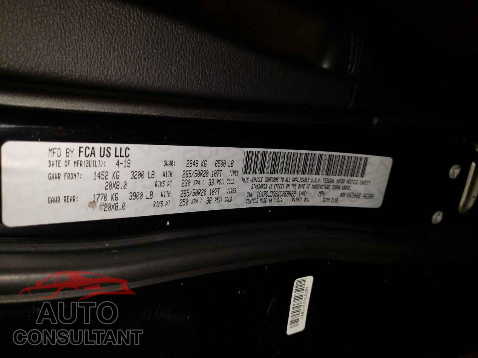 DODGE DURANGO 2019 - 1C4RDJDG5KC769829