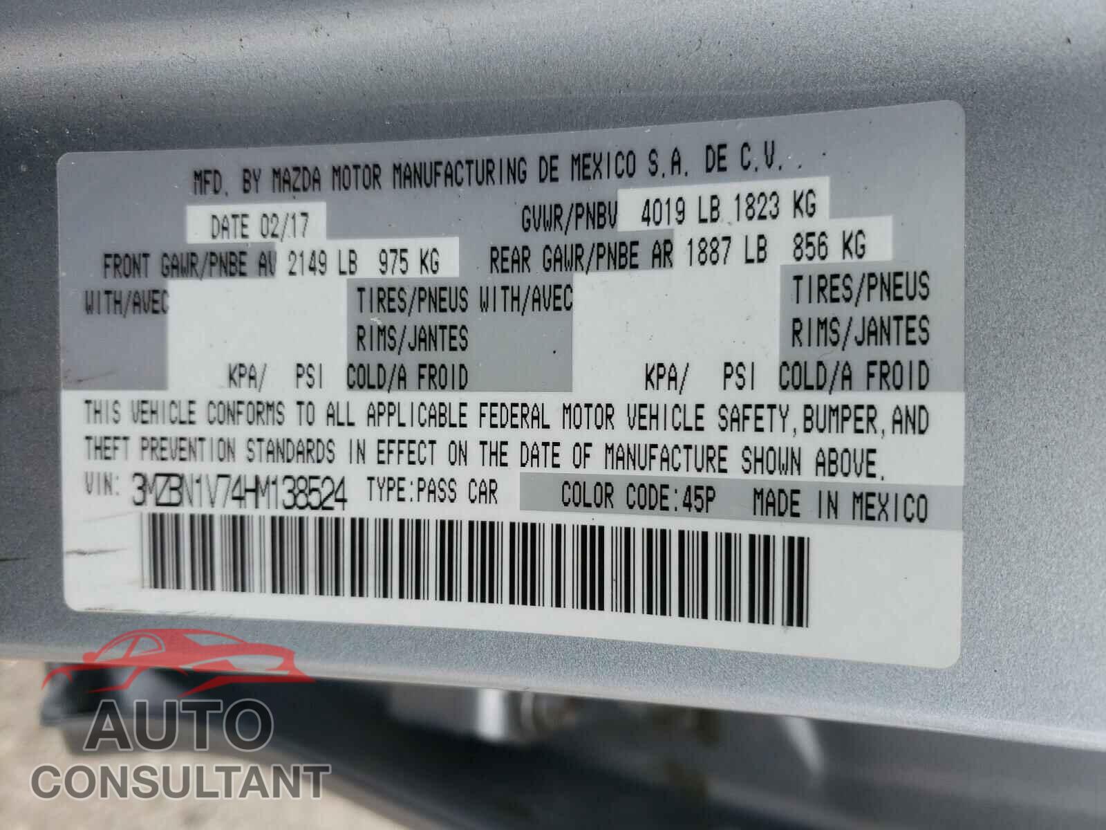MAZDA 3 2017 - 3MZBN1V74HM138524