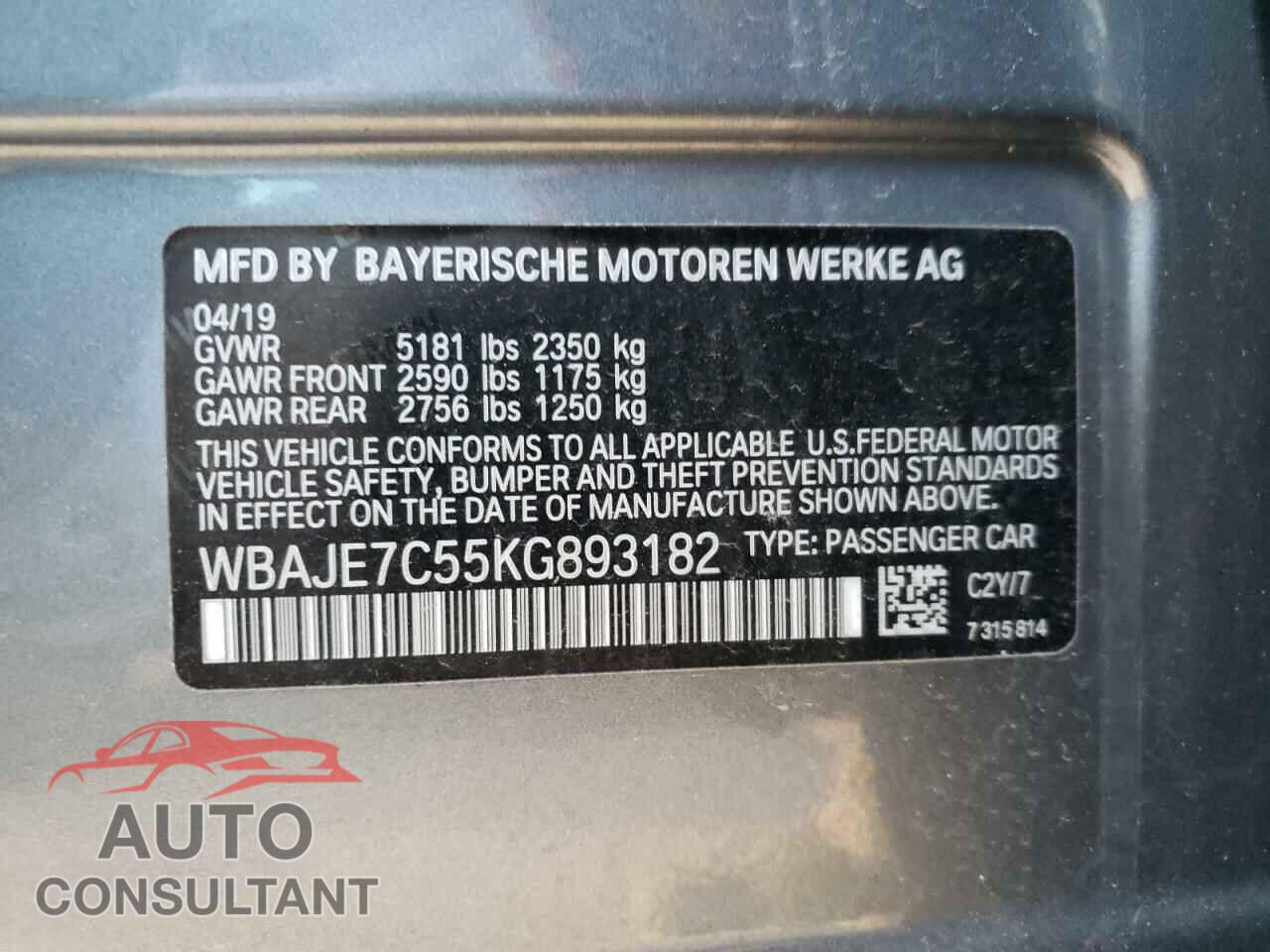 BMW 5 SERIES 2019 - WBAJE7C55KG893182