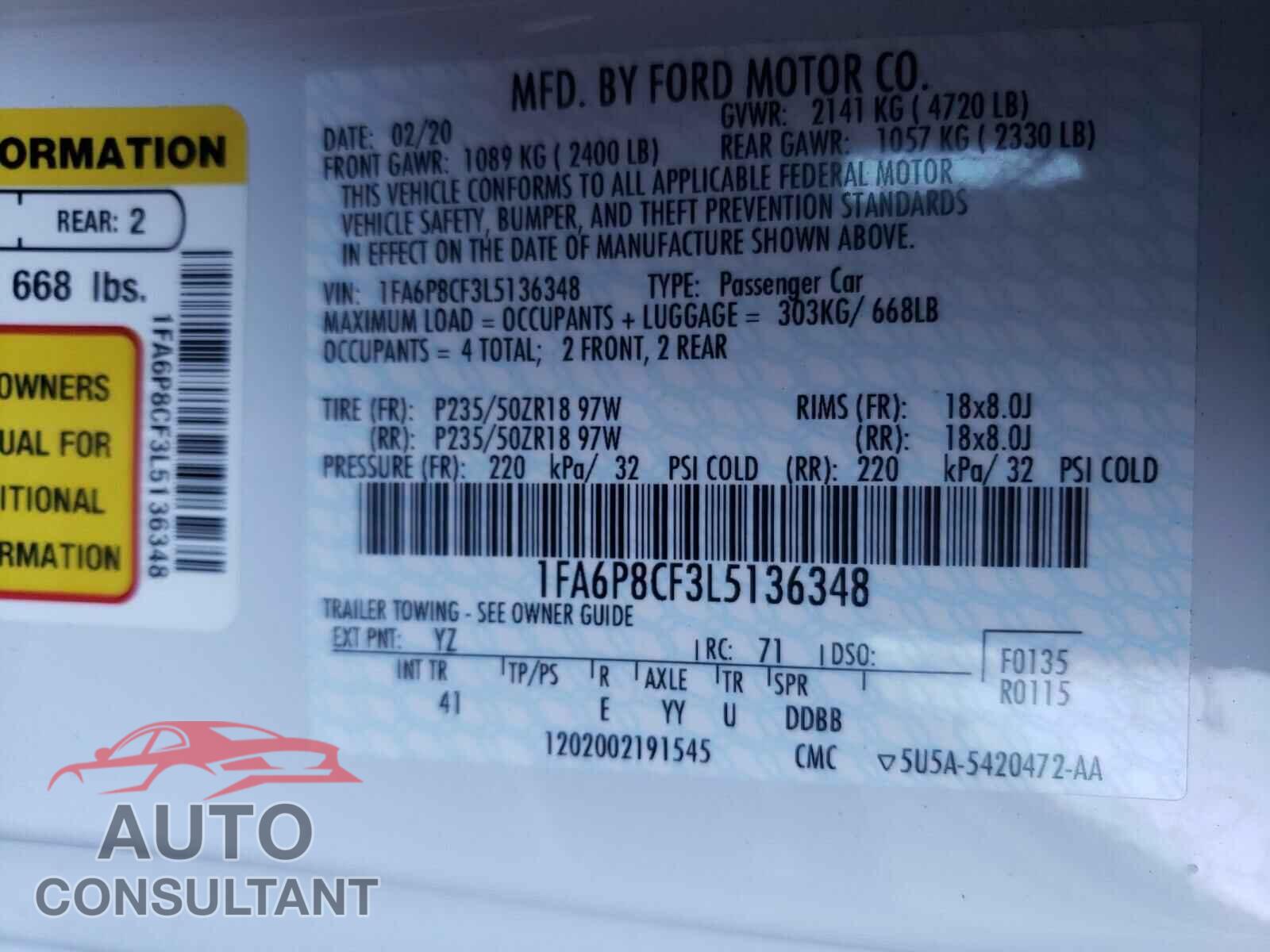 FORD MUSTANG 2020 - 1FA6P8CF3L5136348