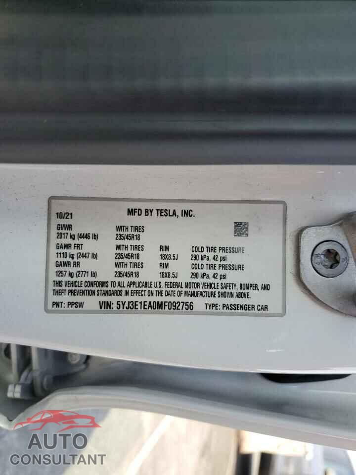 TESLA MODEL 3 2021 - 5YJ3E1EA0MF092756