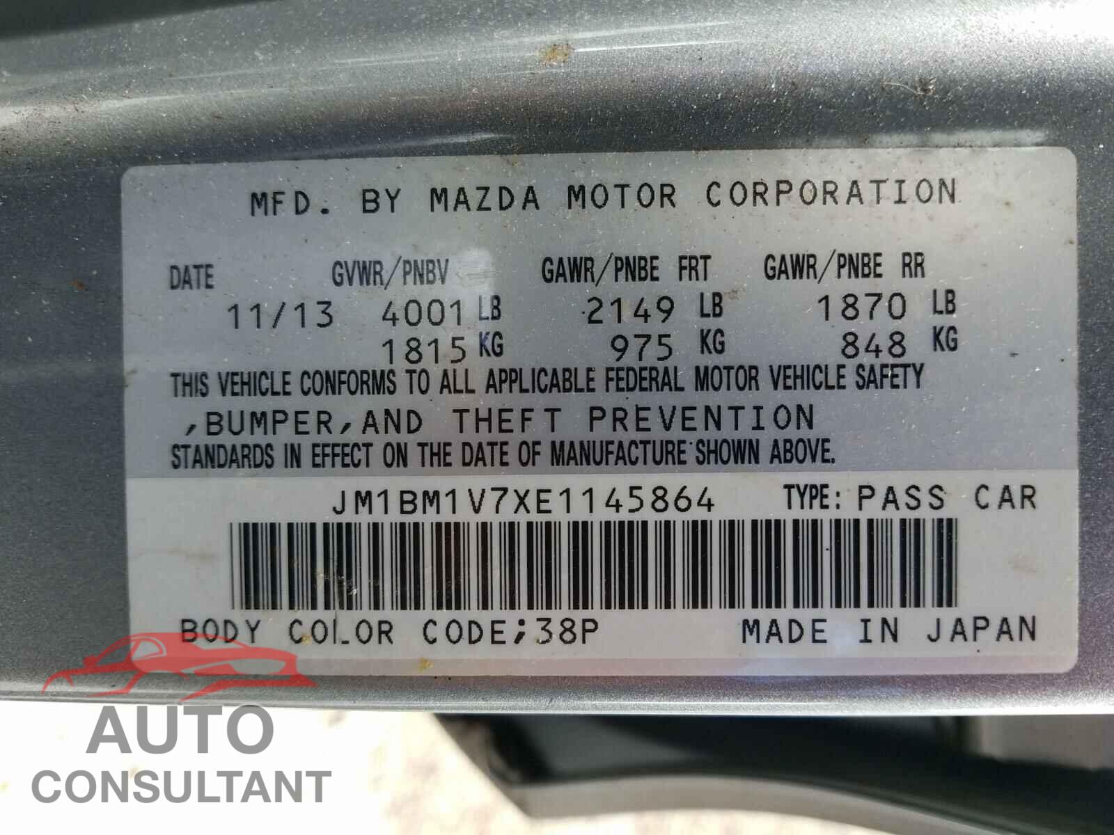MAZDA 3 2014 - JM1BM1V7XE1145864