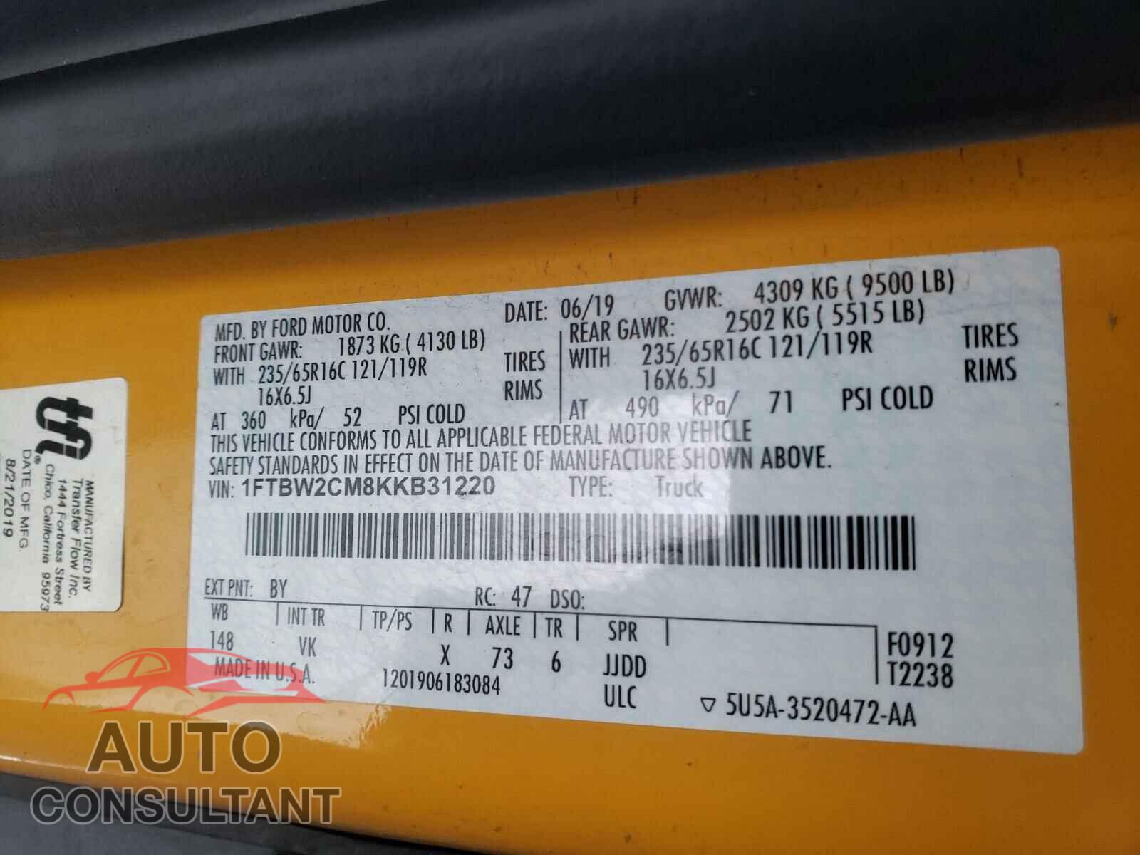 FORD TRANSIT CO 2019 - 1FTBW2CM8KKB31220