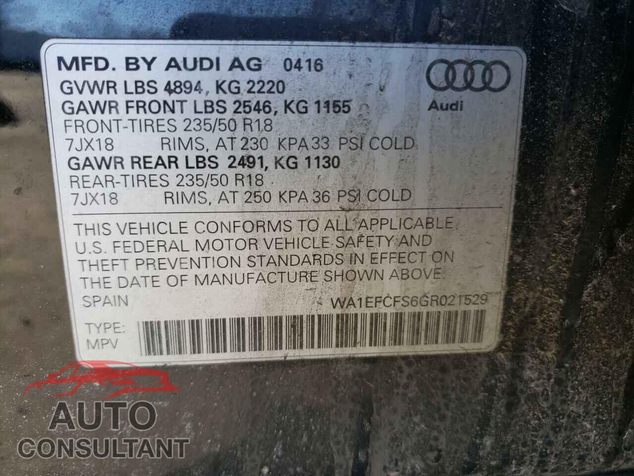 AUDI Q3 2016 - WA1EFCFS6GR021529