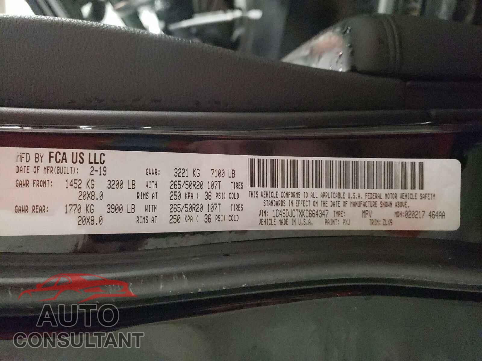 DODGE DURANGO 2019 - 1C4SDJCTXKC664347