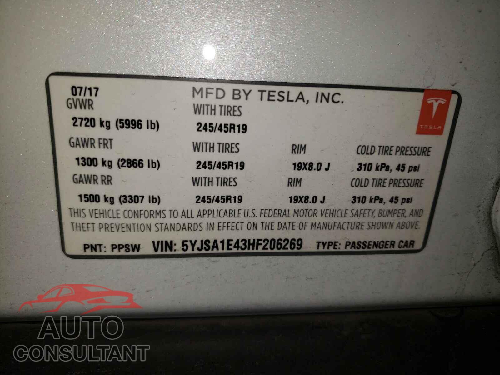 TESLA MODEL S 2017 - 5YJSA1E43HF206269
