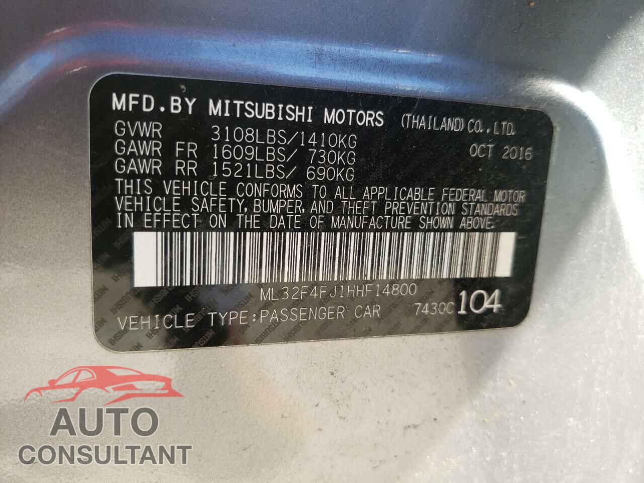 MITSUBISHI MIRAGE 2017 - ML32F4FJ1HHF14800