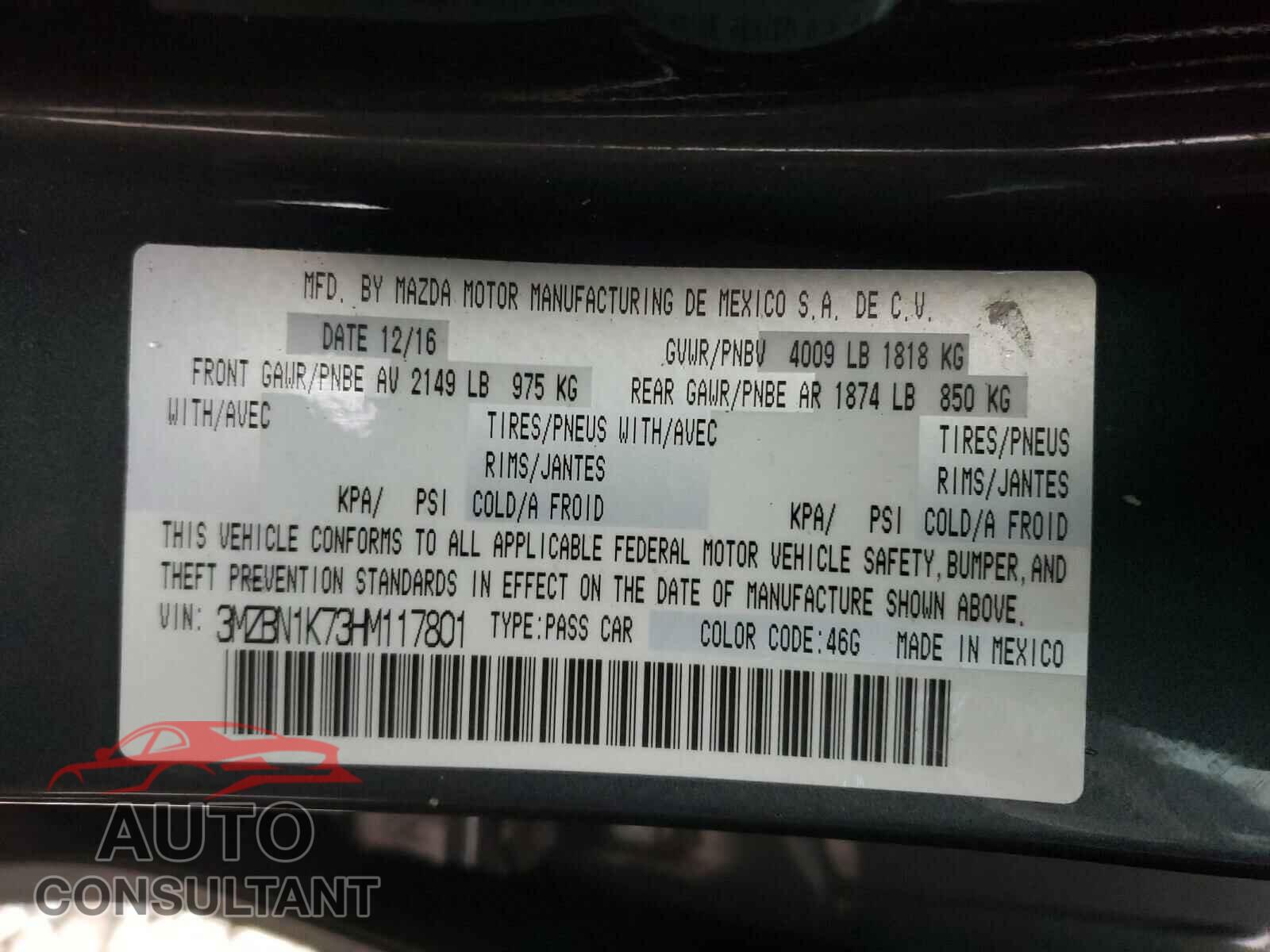 MAZDA 3 2017 - 3MZBN1K73HM117801