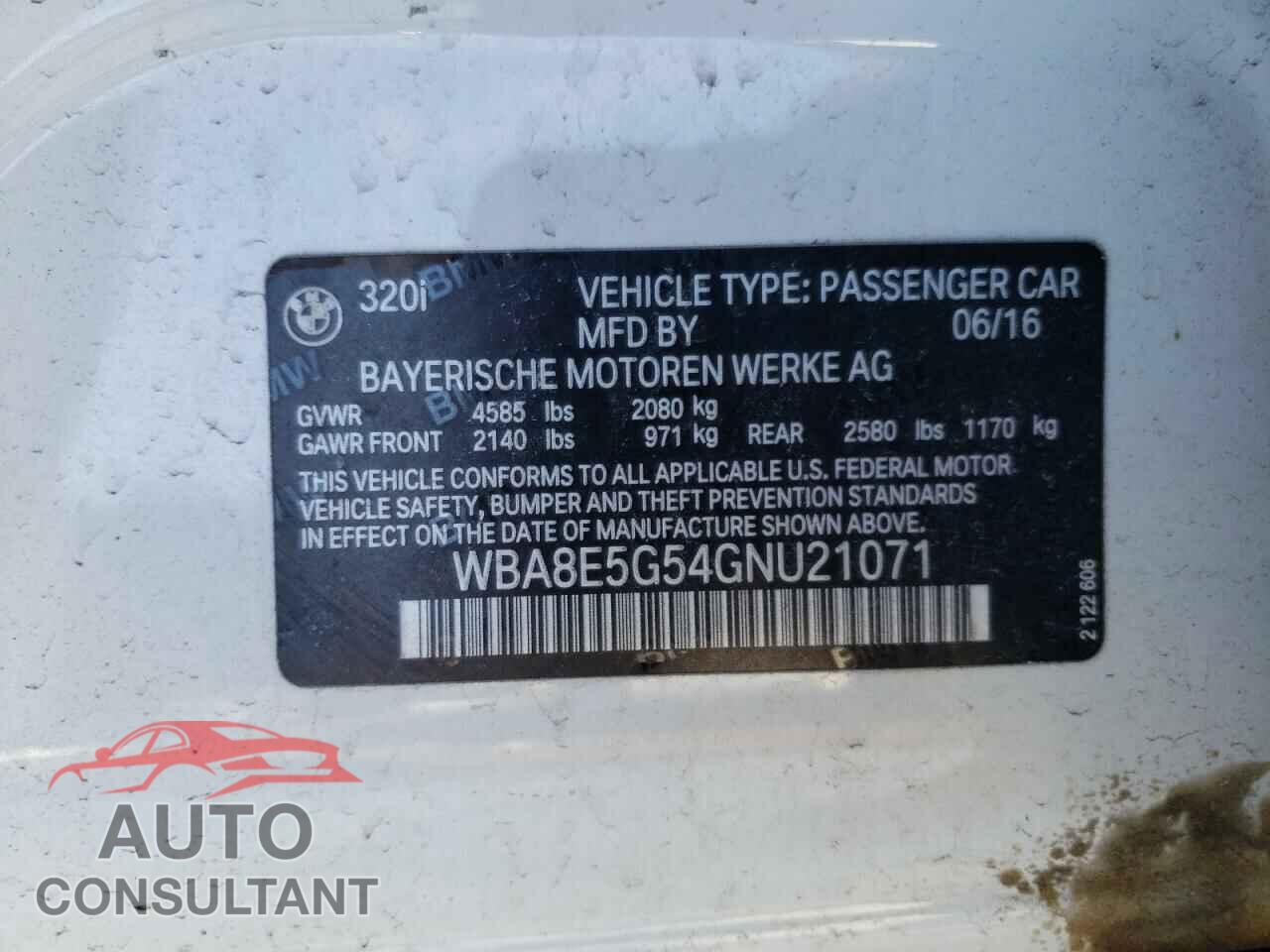 BMW 3 SERIES 2016 - WBA8E5G54GNU21071