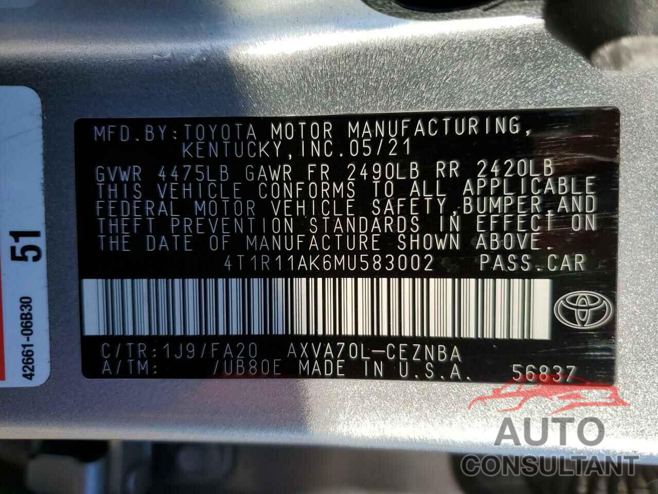 TOYOTA CAMRY 2021 - 4T1R11AK6MU583002