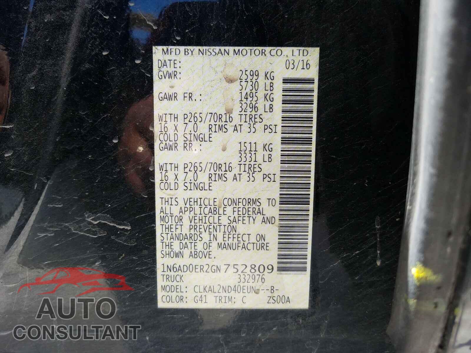 NISSAN FRONTIER 2016 - 1N6AD0ER2GN752809