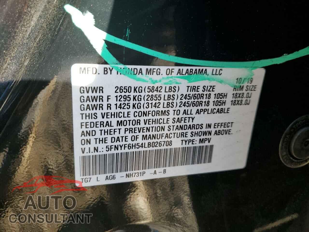 HONDA PILOT 2020 - 5FNYF6H54LB026708