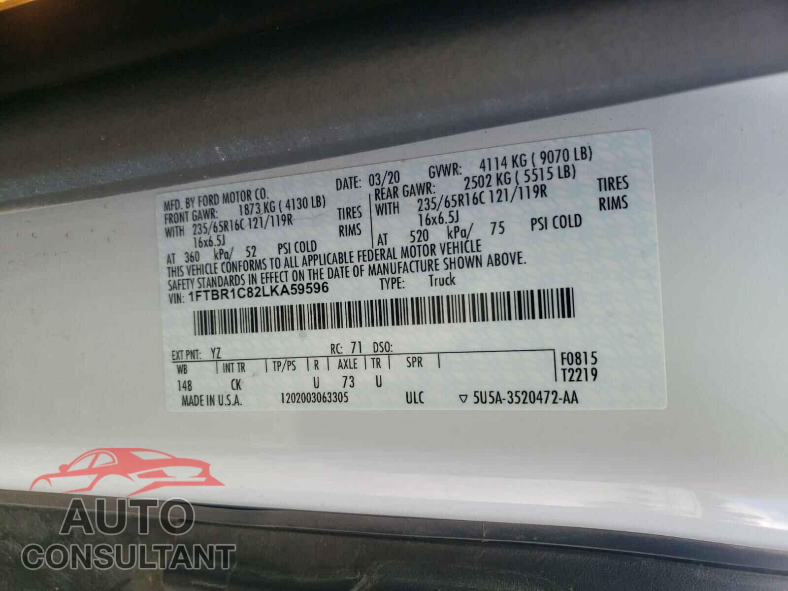 FORD TRANSIT CO 2020 - 1FTBR1C82LKA59596
