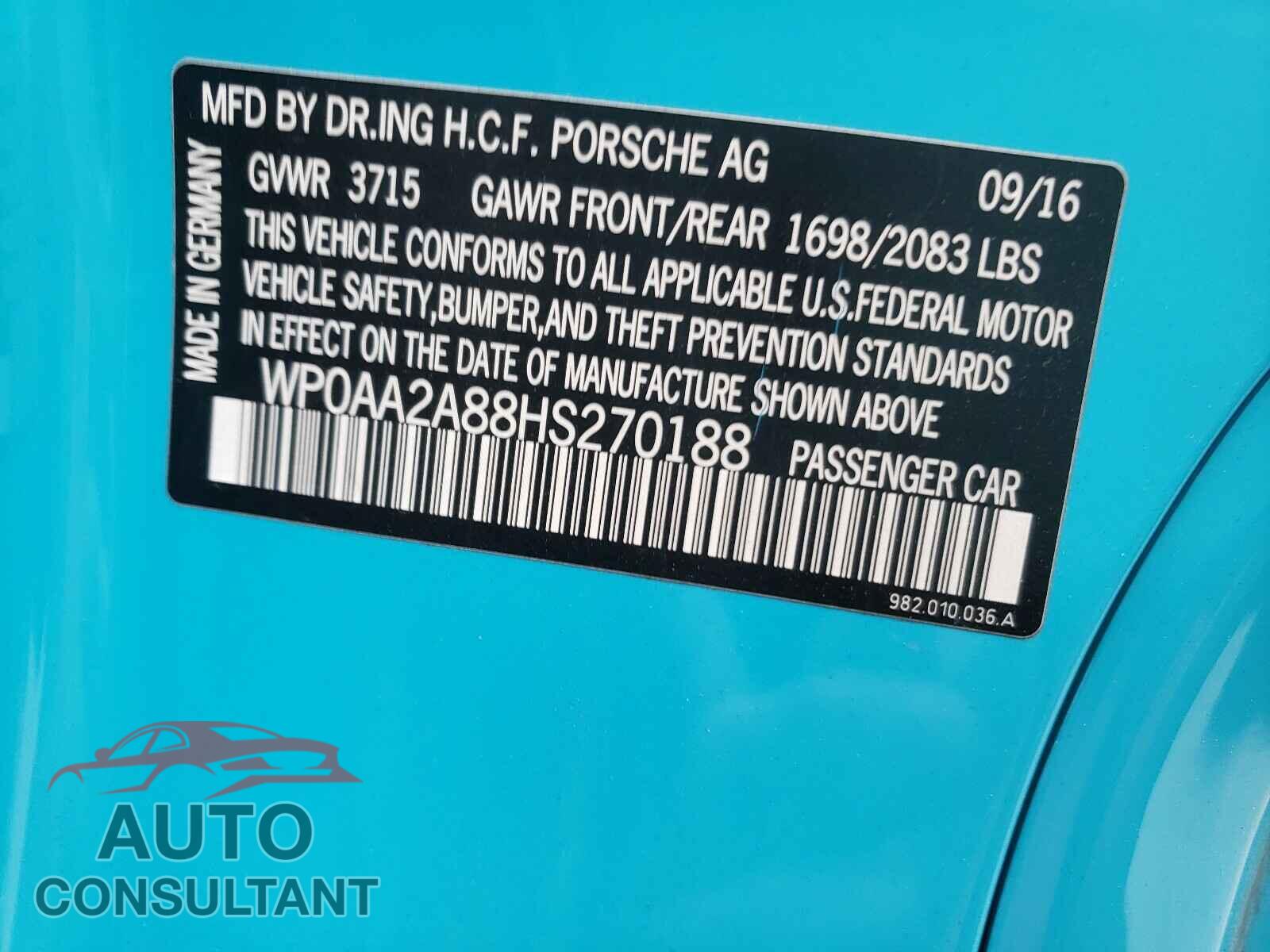 PORSCHE CAYMAN 2017 - WP0AA2A88HS270188