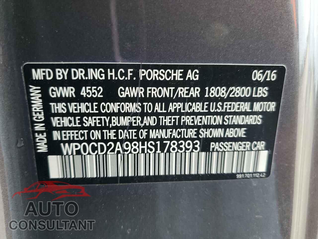 PORSCHE 911 2017 - WP0CD2A98HS178393