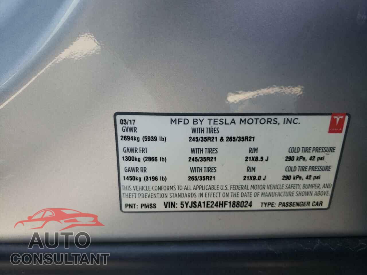 TESLA MODEL S 2017 - 5YJSA1E24HF188024