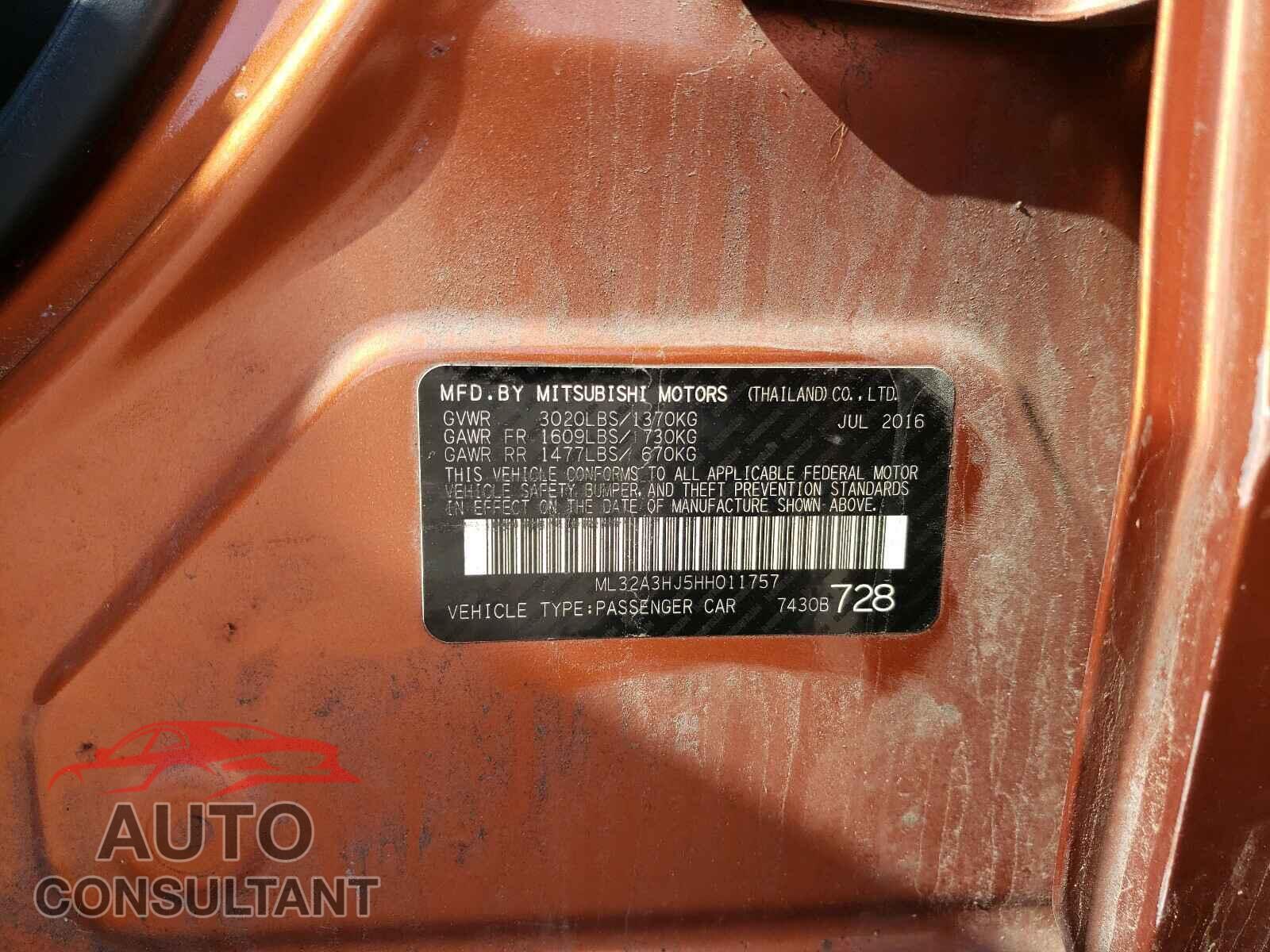 MITSUBISHI MIRAGE 2017 - ML32A3HJ5HH011757